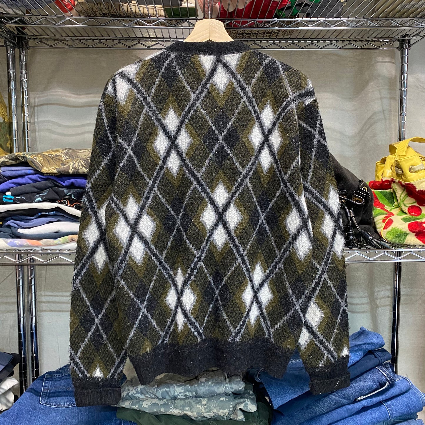 1960s argyle shaggy zip up knit cardigan
