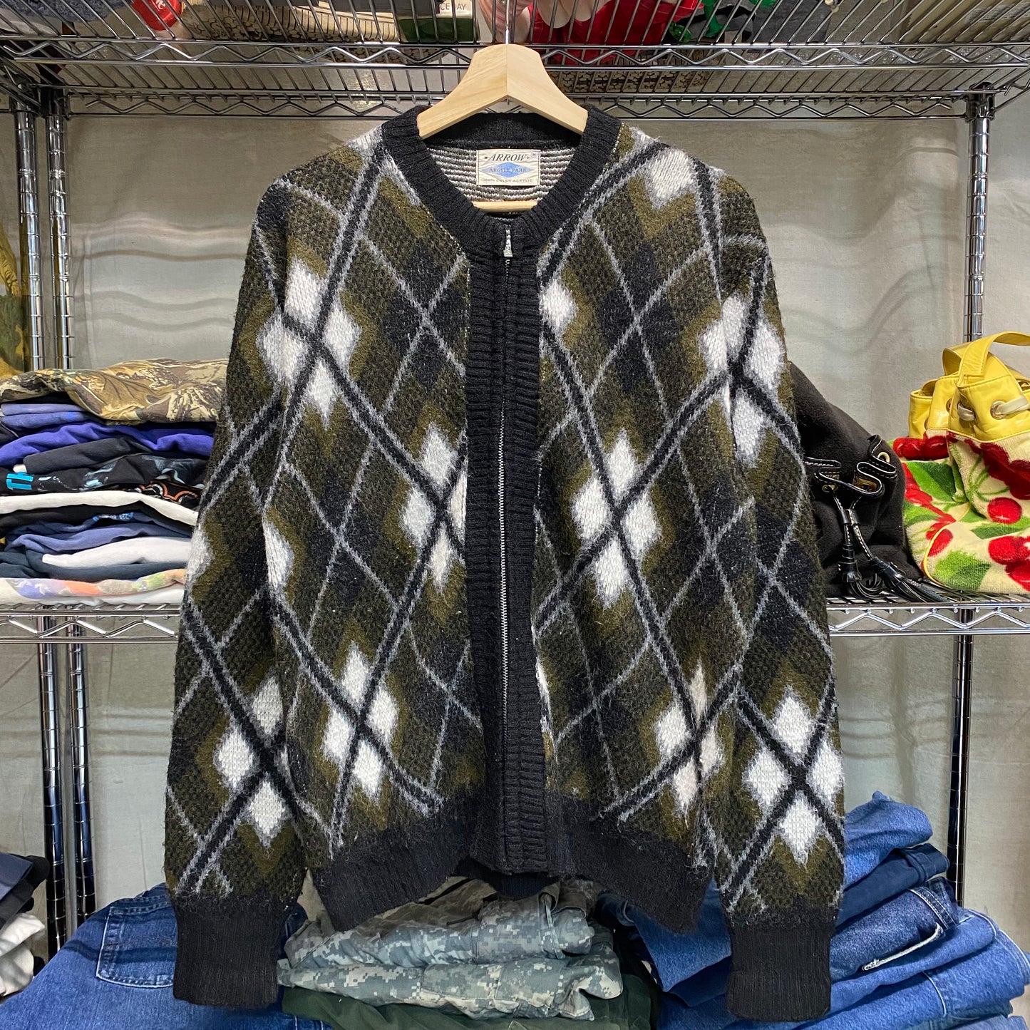 1960s argyle shaggy zip up knit cardigan