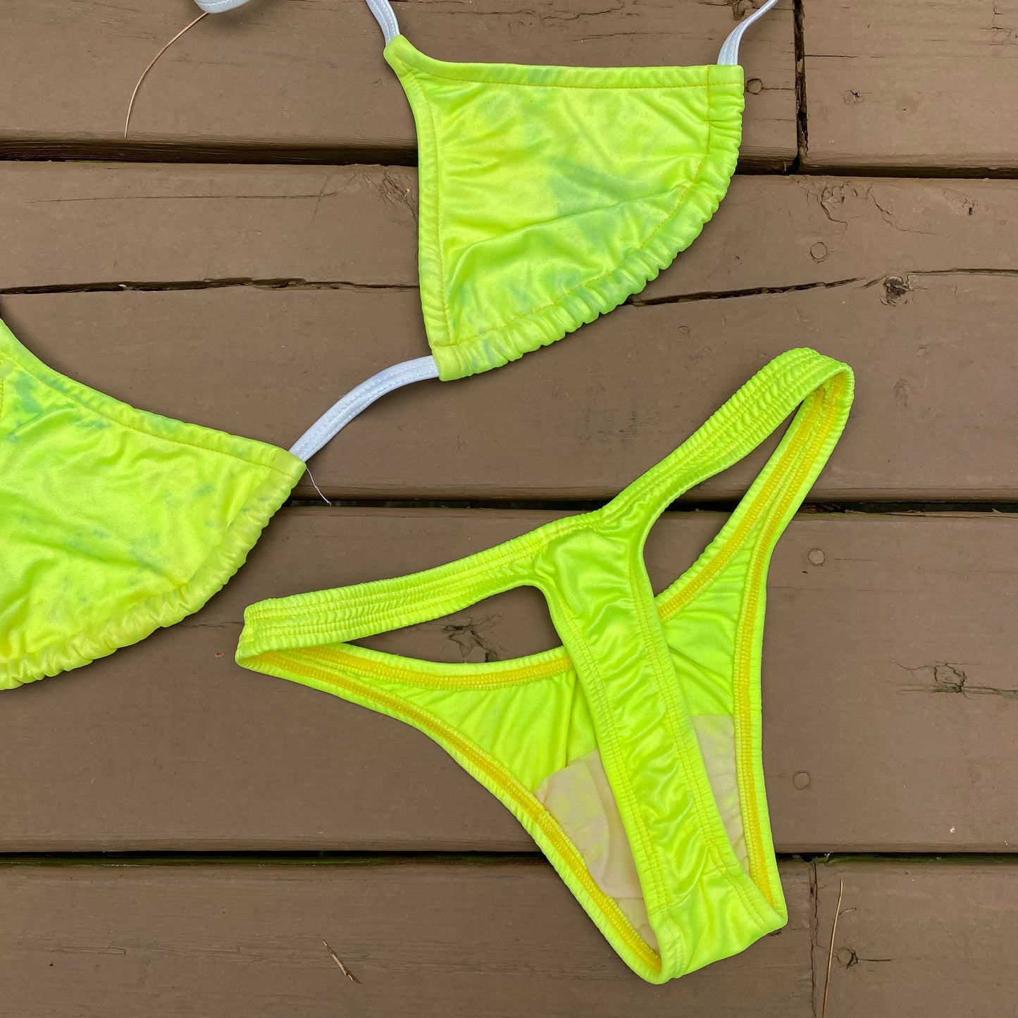 Deadstock 1980s shiny neon yellow thong bikini