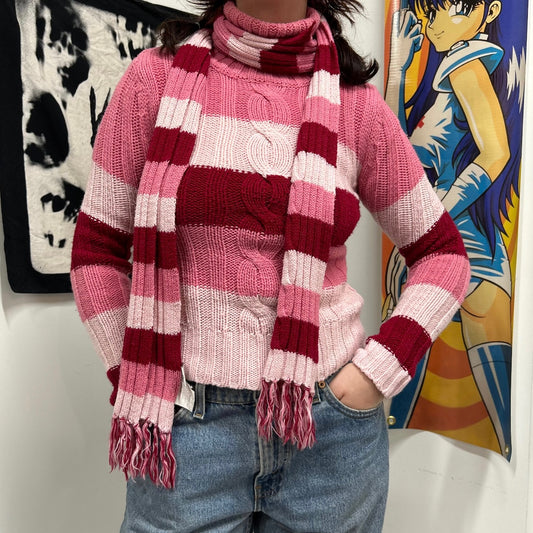 90s striped scarf turtle neck set